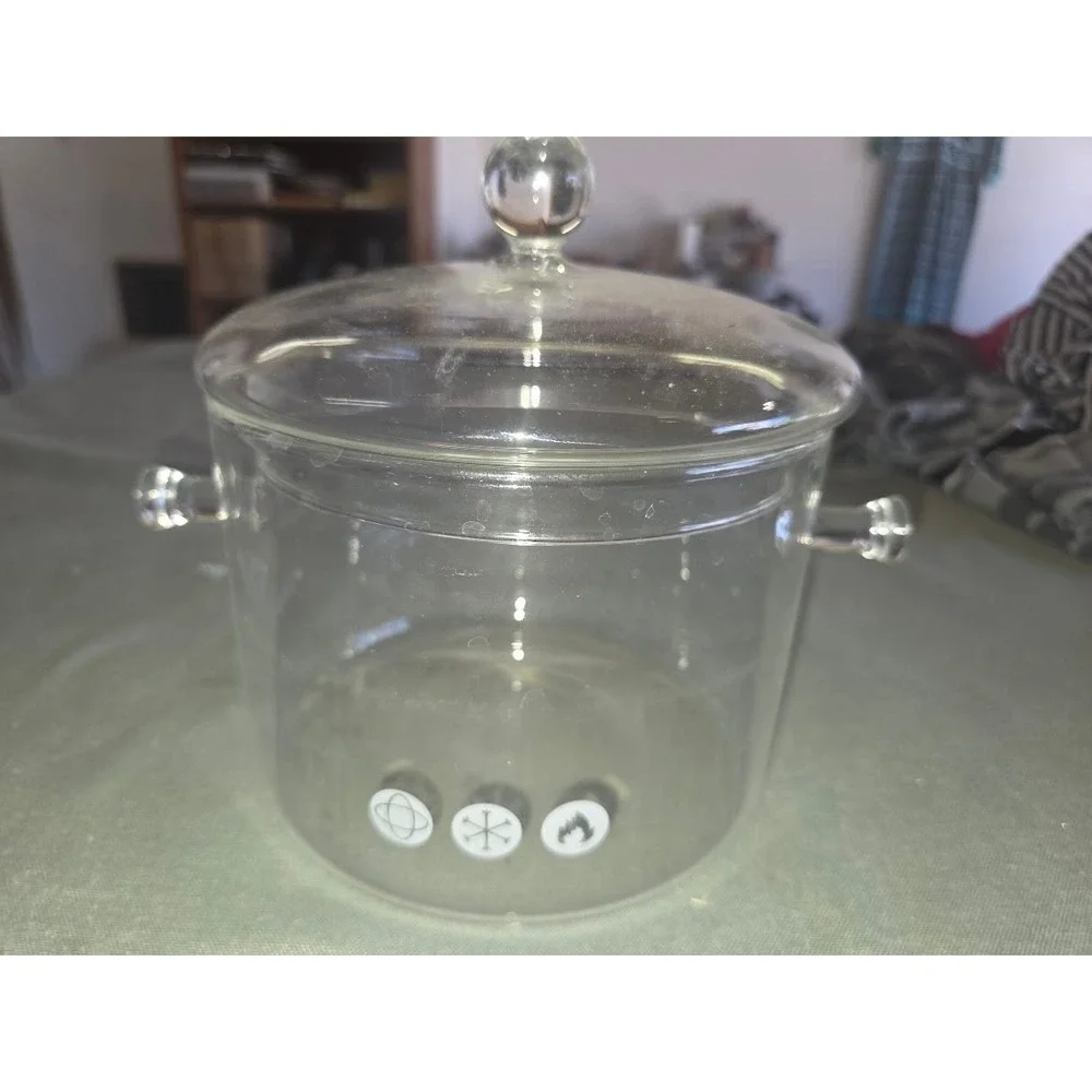 Clear Glass Simmer Pot with Lid and Handles Heat Resistant Cookware 6in x 4in